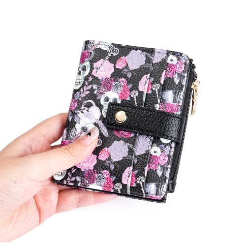 Image of GOIACII Small Wallet for Women Leather Bifold Zipper Coin Pocket RFID Blocking Cute Credit Card Holder Goth Skull