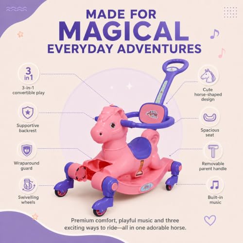 Image of 3 in 1 Baby Horse Rider for Kids 1-5 Years with Parent Handle, Rocking Horse, Ride On Toy, 360 Safety Guard, Music, Swivel Wheels, Backrest, Baby Ride On for Boys & Girls (Pink)