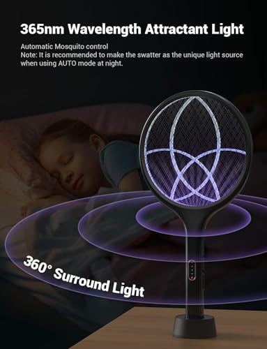 YISSVIC Electric Fly Swatter 4000V Bug Zapper Racket Mosquito Fly Killer 1500 mAh 3 Layers Mesh with USB C Cable Stand Base for Indoor Outdoor Black 2 Pack