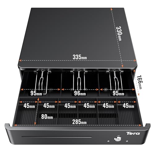 Tera 330R Kassenschubladenbox mit 6 Schlüsseln, 3 Geldscheine 6 Münzfach, 35,6 x 33 x 9 cm, für POS-System, abnehmbares Münzfach, 12 V, RJ12, Key-Lock-Media-Schlitz für Geschäfte, Unternehmen