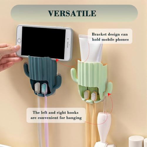 Image of HASTHIP 2Pcs Bathroom Toothbrush Holder, Self-Adhesive Toothpaste Holder, Toothbrush Holders for Bathroom Wall, Dual Toothbrush Slots, Cartoon Cactus Toothpaste Storage Holder, Green & Blue