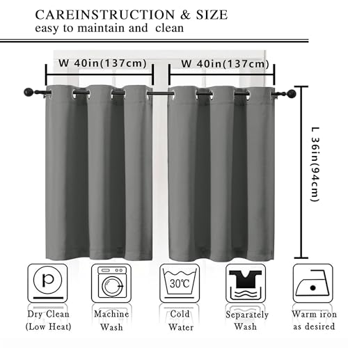 Image of Simplebrand Light Grey Short Cafe Curtains 36 Inch Length 2 Panels Set, Half Window Grommet Privacy Drape Tiers for Kitchen, Thermal Insulated Room Darkening Curtains for Bathroom Shades, W40 x L36
