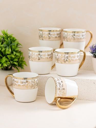 Image of JCPL Fine Ceramic Gold Printed Tea /Coffee Mugs Sets of 6-200 ml Each (Alton E603)