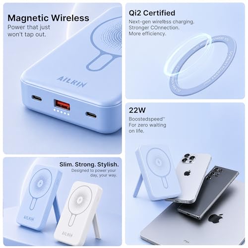 Image of AILKIN 10000mAh Power Bank with MagSafe Wireless Charging | Built-in Lightning & Type-C Cables | 22.5W Fast Charging | Kickstand | Slim Portable Charger for iPhone 15 /14 /13 /12 & Android