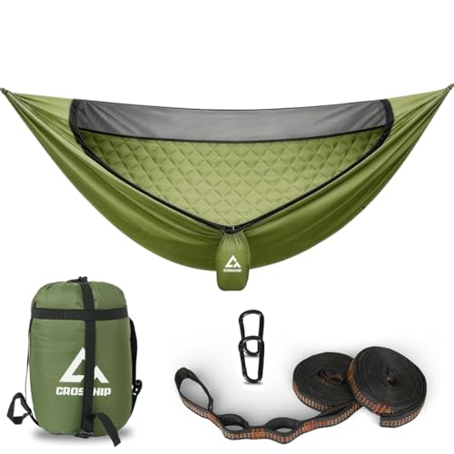 CROSSHIP Camping Hammock with Mosquito Net with Built-in Underquilt - Built-in Quilt for Lightweight Soft Warm 4 Seasons, Great for Hiking Backpacking Camping Travel(Hold Up to 500lbs) - Olive Green