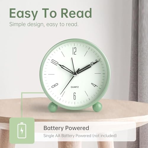 Image of Blairmore Alarm Clock, Silent Non Ticking Small Clock, Battery Operated, Simple Design, Old Fashioned Style Ideal Decor, for Bedroom, Bedside, Desk, Adult, Kid, Gift (Antiq Green)