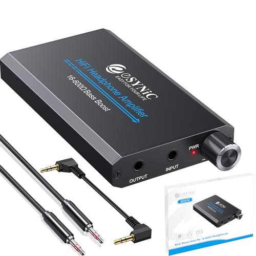 eSynic Amplificador de Auriculares Profesional 16-600Ω con Ganancia de Graves - Amp Portátil de 3,5 mm y Recargable, Superficie de Aluminio Mate, para Móviles, PC, MP3, MP4, etc.