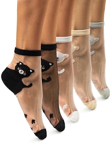 5 Pairs Set of Women’s Sheer Cat Socks with Paw Print Sole – Transparent Mesh Stretchy Short Socks for US Size 6.5–9 – Cute Animal Design in Assorted Colors