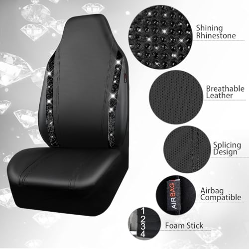 Image of CAR PASS Leather Car Seat Covers High Back Bucket Bling Diamond Front Seats, Waterproof Universal Shining Glitter Crystal Sparkle Fit Model 3 Tesla Model Y, Truck SUV Cute Women Girl, Black Rhinestone