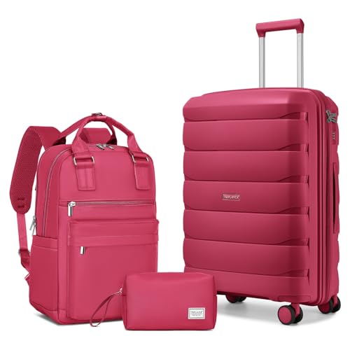 Image of Carry On Luggage 22x14x9 Airline Approved, 22 Inch PP Hardshell Luggage Carry-on Suitcase with Spinner Wheels, Carry On Suitcase Set for Women(Rose Red)