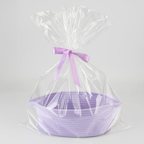 Image of Baby Gifts Basket Empty with Gifts Bag and Ribbon12 inchx8 inchx5 inch Cute Gifts Basket to Fill Easter Basket Birthday Basket Small Woven Cotton Rope Basket Baby Toy Baske(purple, regular)