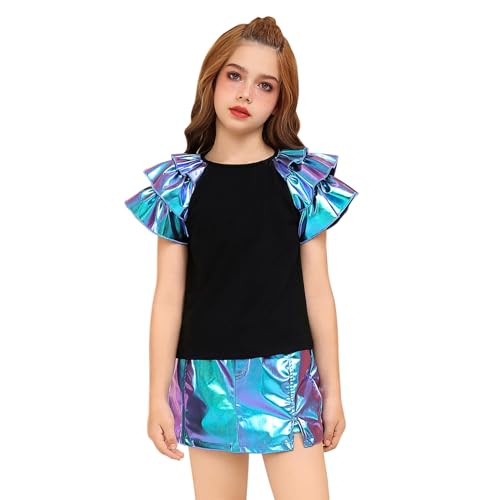 Perfashion Girls Shirts Metallic Ruffle Sleeve Tops Crewneck Summer Tees Hip Hop Dance Party 4-13Y