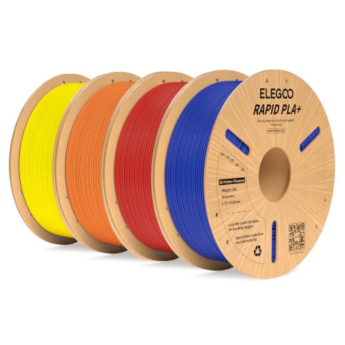 Image of ELEGOO Rapid PLA Plus 3D Printer Filament 1.75mm Bundle 4KG 4 Colors | Yellow /Orange /Red /Blue, PLA+ for 30-600mm /s High Speed, Dimensional Accuracy + /- 0.02mm, 4 Pack 1kg Cardboard Spools(2.2lbs)