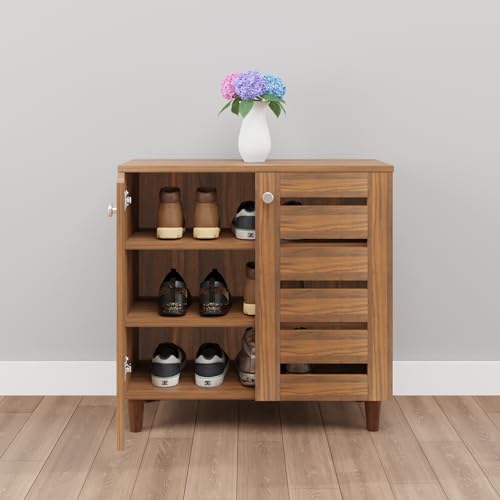 Image of VIKI Shoe Rack, Width 73cms, Brussel Walnut Colour | Pattern Ventilated Doors, Shoe Storage Cabinet for Hallway, Organizer Unit for Entryway, 1 Year Warranty