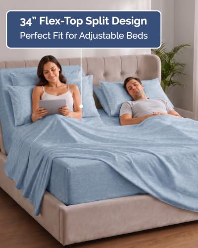 Image of Extra Deep Flex Top Split Head King Sheet Set - 6 Piece Breathable and Cooling Sheets - Hotel Luxury Bedding for Women, Men, Kids & Teens - Easy Secure Fit - Extra Deep Pockets - Heathered Blue