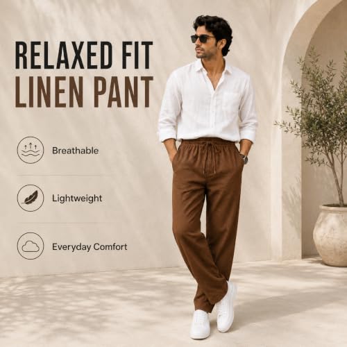 Image of Linen Pants for man || Relaxed Fit Casual Trousers for Men || Men's Lightweight Breathable Pants || Elastic Waist with Drawstring || All Season Pant for Regular, Travel & Office Wear