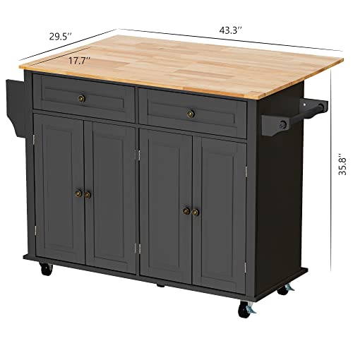 Kitchen Cart with Wood Top and Drop Leaf Breakfast Bar, Rolling Mobile Kitchen Island Table on Wheels with Drawer and Storage Cabinet, Spice Rack, Towel Rack, Black