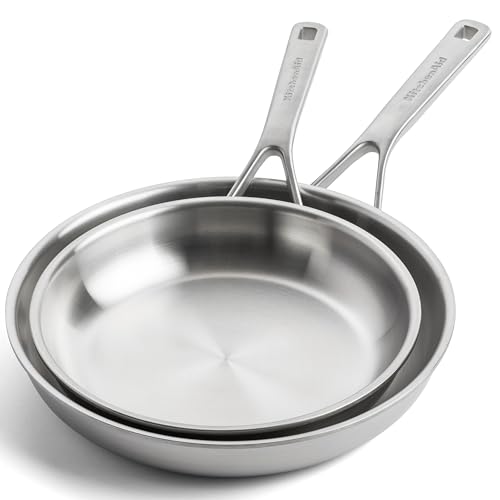 KitchenAid MultiPly Stainless Steel PFAS-freies Keramik-Antihaft-Pfannenset aus Edelstahl 2-teilig 24 cm und 28 cm Triply Mehrschichtig Induktion Backofenfest bis 220C Spülmaschinenfest Silber