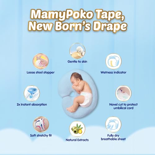 Image of Mamypoko New Baby| Tape Style Baby Diapers, 28 Count, 3-5kg||2x Instant Absorption| Soft stretchy fit |Natural Extracts for Nourishment | Loose Stool Stopper, Wetness Indicator