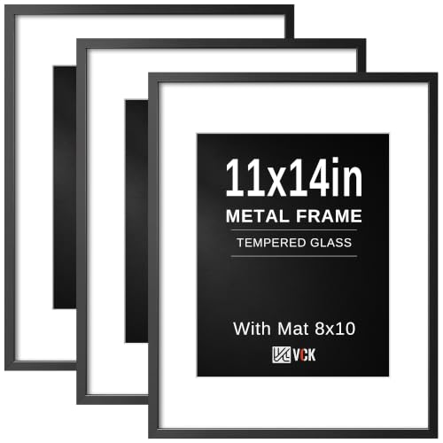 Image of VCK 11x14 Picture Frame Black Metal, Real Glass, 8x10 Mat, 3 Pack, for Art