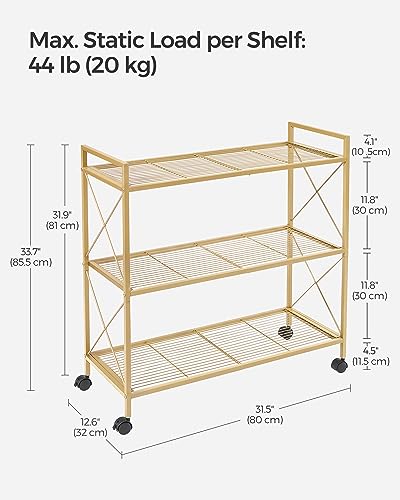 Image of SONGMICS 3-Tier Metal Storage Rack with Wheels, Mesh Shelving Unit with X Side Frames, 31.5-Inch Width, for Entryway, Kitchen, Living Room, Bathroom, Industrial Style, Metallic Gold UBSC183A01