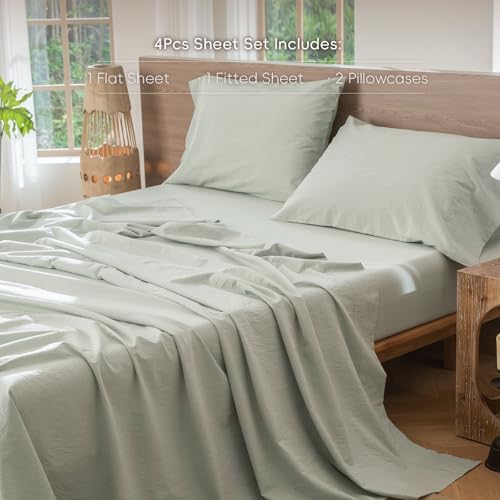 Image of MooMee Sheet Set 100% Washed Cotton Linen-Like Extra Deep Pocket Full | Relaxed Linen-like Texture. Soft, Breathable & Lightweight Comfort. 15-19 inch Extra Deep Pocket with All-around Elastic