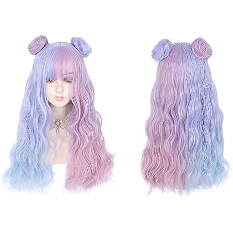 Mcoser Long Wigs for Women Long Wavy Wigs with Bangs Long Wig Harajuku Style Cosplay Wig Synthetic Hair for Cosplay Party Halloween (Pink Blue With Buns) Cover