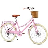 DEYGIA Kids Bike, Retro Cruiser Bike for Girls, 24 Inch 7-Speed Kids Bicycles for Ages 8-15 Girls Youth with Rattan Basket, Dual-Disc Brake Carbon Steel Frame Lightweight Bicycle, Pink