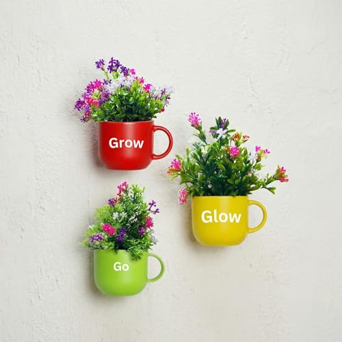 Image of Dekorly Wall Hanging Mug Planters with Artificial Flowers (20CM) - Decorative Hanging Cups, Colorful Floral Wall Decor for Living Room Bedroom Balcony Office Gift Set (3, Grow Glow Go)