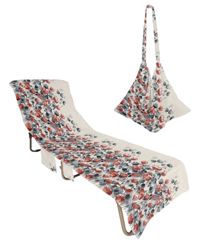 Red Black Flowers Beach Lounge Chair Towel Cover, Soft Chaise Lounge Towel with Side Pockets Patio Pool Chairs Cover for Beach/Pool Sunbathing 29x85 Spring Floral Summer Botanical Rustic