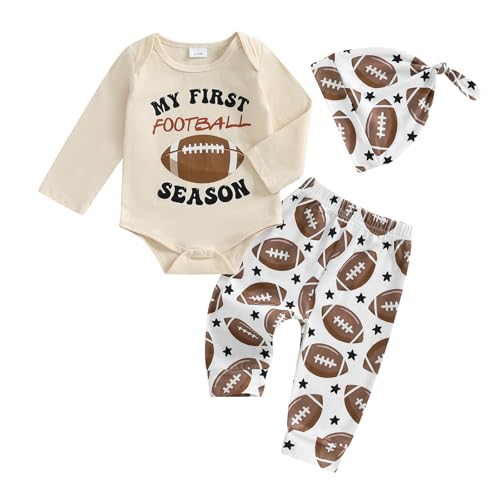 Infant Baby Boy Fall Outfit My First Football Season Letter Rugby Print Romper Pants And Cap 3 Pcs Set