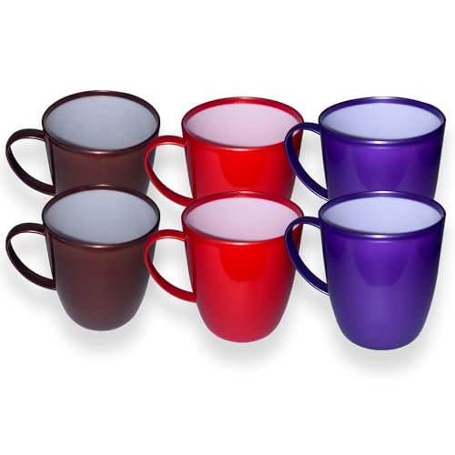 QUANTA Plastic Mug with Handle Lightweight Unbreakable Reusable Camping Mugs for Elderly Adults Kids Hot Cold Drink Cups for Coffee Tea Water Milk Office Travel Caravan (6 Solid)