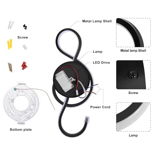 Image of Kawell 22W Indoor LED Wall Light Modern LED Wall Sconce Light Creative Wall Lamp LED Music Symbol Art Decoration for Bedroom Living Room Cafe Lounge Stairs Corridor, Black 6000K
