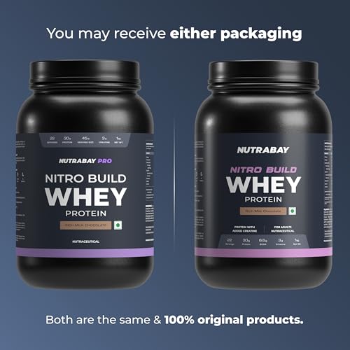 Image of Nutrabay Pro Nitro Build Whey Protein Powder - 1kg, Milk Chocolate | 30g Protein, 3g Creatine, 6.6g BCAA | Easy to Digest | NABL Lab Tested | Muscle Growth & Recovery | Gym Supplement for Men & Women