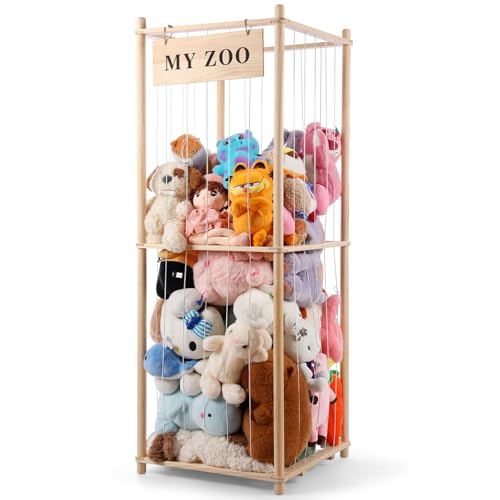 Image of GLDZI Stuffed Animal Storage Zoo, Wooden Stuffed Animal Organizer with Elastic Cords for Boys Girls, Space Saving Toy Plushies Storage Holder for Playroom, Bedroom, Living Room (Burlywood, Large)