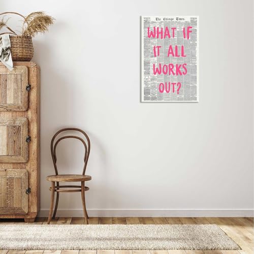 Image of What If It All Works Out Poster Retro Newspaper Pink Font Canvas Wall Art Positive Affirming Quote Minimalist Prints Painting For Home Bedroom Dorm Wall Decor 24x36in Wframed