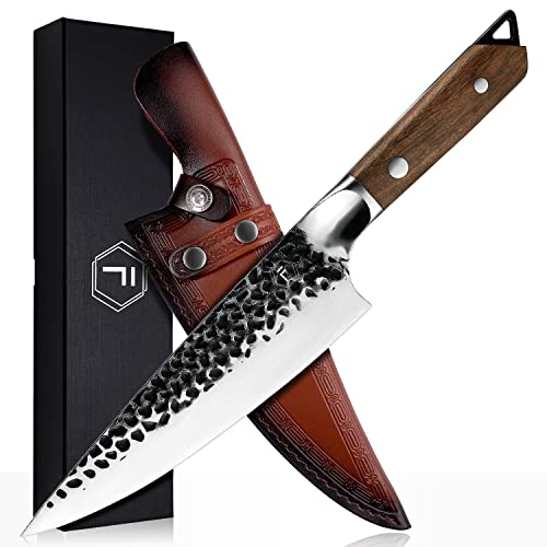 FANTECK Couteau de Chef Professionnel Couteau Cuisine Forgé en Acier Carboné, Couteau Sushi Couteau Polyvalent avec Manche en Bois, Couteau de Chef pour Coupe Viande, Légumes, Fruits