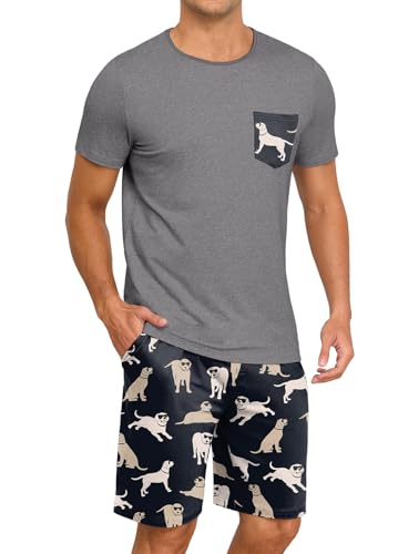 Image of PrinStory Mens Summer Pajamas Set Lightweight Pjs Sets Short Sleeve Pajama Shorts Set Soft Sleepwear Loungewear with Pockets