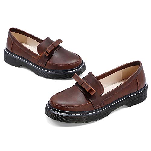 Odema sapato feminino de salto baixo Oxford bico redondo sem cadarço, Marrom, 10.5