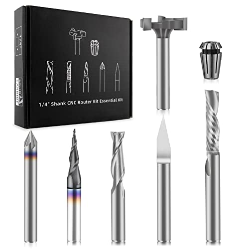 Image of FoxAlien 1 /4 inch Shank CNC Router Bit Essential Kit Includes 1 /4 inch ER11 Collet, V-bit, End Mills, Chamfering Bit for Woodworking MDF Resin Carving Lettering Sign Making