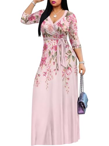 Image of PinkPatty Plus Size Maxi Dresses for Women Casual Flowy Long Dress 3 /4 Sleeve V Neck Wrap Dress with Belt