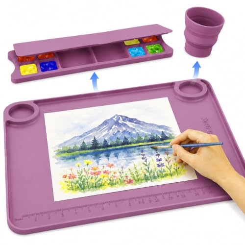 Image of Svartur Silicone Painting Mat with Cup and Palette Detachable, 17 inchX13 inch Thick Silicone Craft Mat with Raised Edge for Artist, Kids Painting Station Silicone Creator Mat, Purple