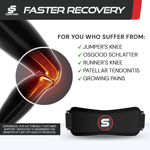 Image of Sleeve Stars Patellar Tendon Support Strap Osgood Schlatter Knee Brace for Youth, Women & Men, Swedish Brand Patella Knee Strap for Arthritis & Pain, Kids Knee Brace w / 3 Lengths (Black /Kids)