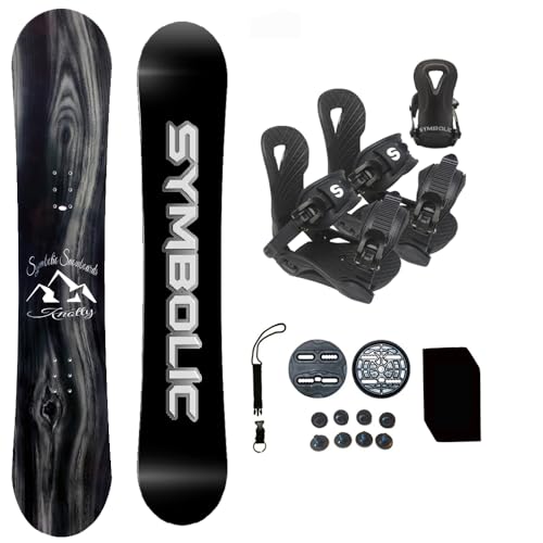 Symbolic Knotty Wood Grain Kids Snowboard & Bindings & Leash & Stomp Pad Package Set (Binding Black XXXS (fit 9-11c Toddler), 90cm Snowboard Knotty)