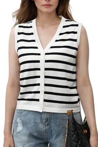Image of Women's Striped Sweater Vest V-Neck, Fall 2025 Lightweight Cotton 100%, Vintage Button Cardigan Style Layering Staple for Turtlenecks & Jeans 18 White L