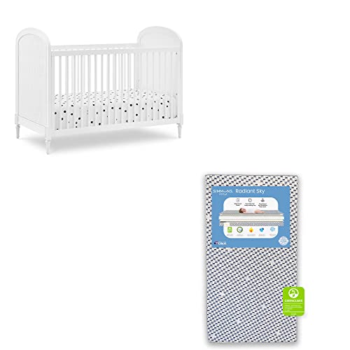 Image of Delta Children Madeline 4-in-1 Convertible Crib, Bianca White + Simmons Kids Radiant Sky Dual Sided Baby Crib Mattress and Toddler Mattress (Bundle)