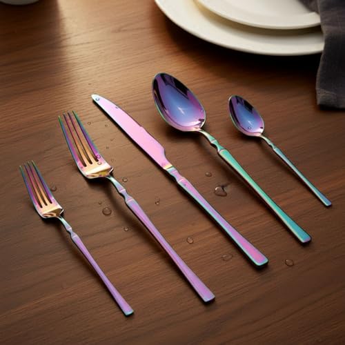 Image of 15 Pcs Rainbow Cutlery Set for Dining Table the Perfect Lightweight Silim Handle Tableware Including Dinner Spoon, Dinner Fork, Dinner Knife, Dessert Spoon & Dessert Fork