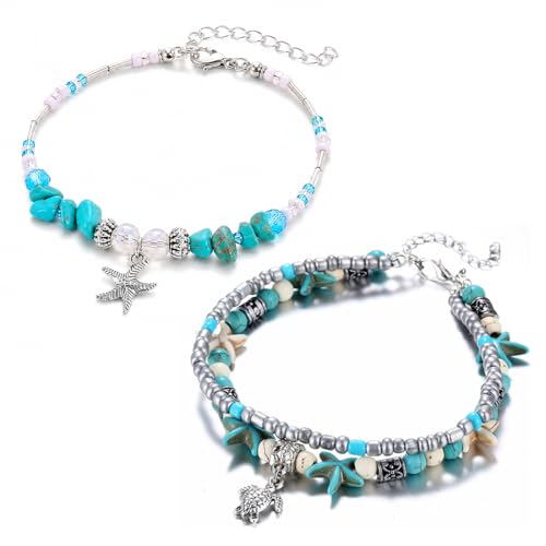 ARHZ Bohemia Pulseras Tobilleras Mujer   Doble Piso Cadena para el tobillo   Tobillera con Cuentas De Tortuga Marina Estrella De Mar   Accesorios De verano Playa para Damas y Niñas （2 piezas,A）