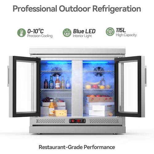 Image of Stainless Steel Outdoor Refrigerator Cabinet, 115L Built-In Double Door Refrigerator with Brushed SS Frame, 0-10C Adjustable Temp with LED Light, for Modular BBQ Grill Island (Black)