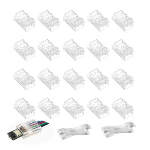 Connecteur de Bande à LED RGB 5050 Strip Connector, 20 Pièces 4 Broches 10 mm Connecteurs Gapless Transparents Rapides Ruban LED sans Soudure pour Bande...